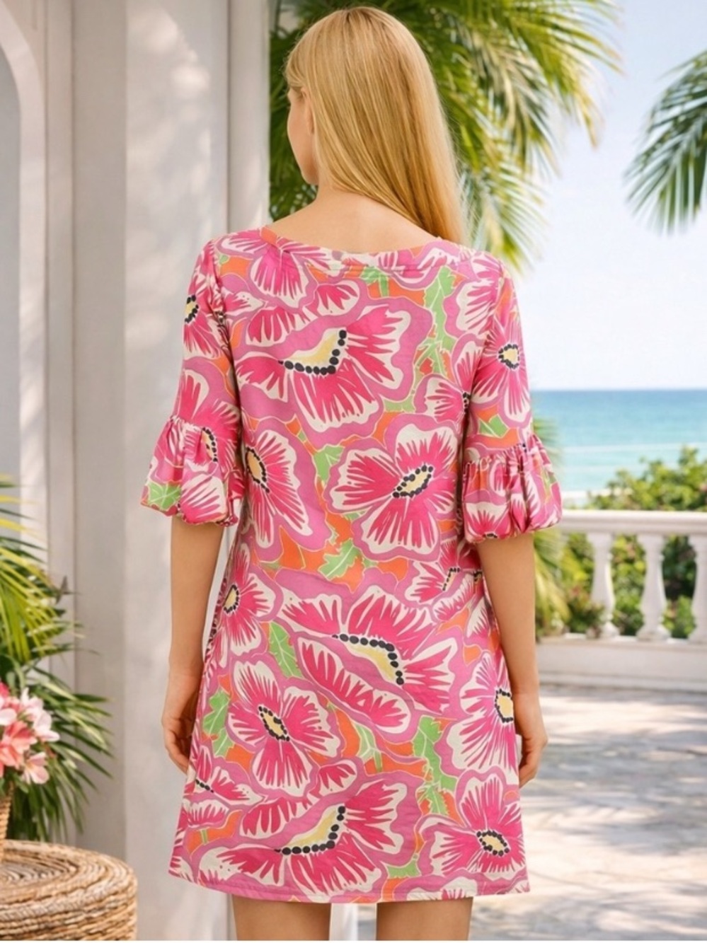 Lilly Pulitzer Dasha pink floral silk shift dress bell puff sleeves Resortwear - Picture 3 of 12